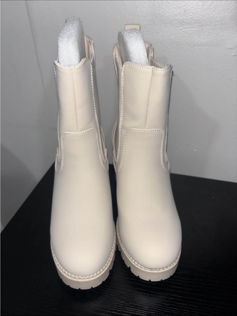 Fashion Nova Cream Chelsea Lug Booties